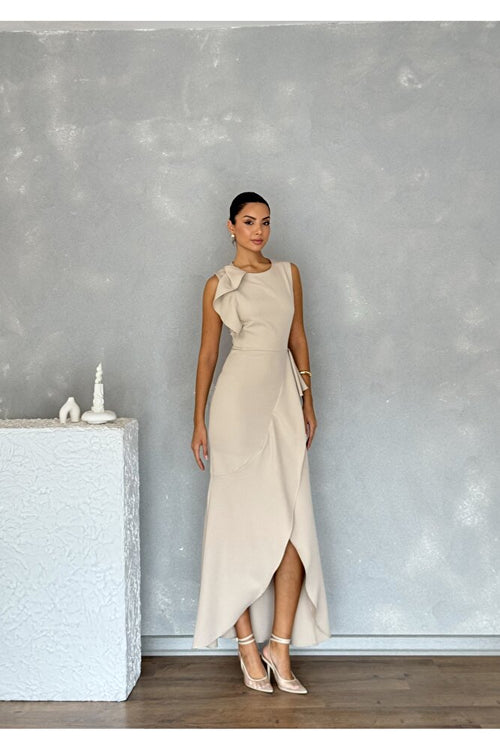 Asimetrik Kesim Eteği Ve Tek Kolu Volanlı Şık Özel Gün Kadın Davet Elbisesi