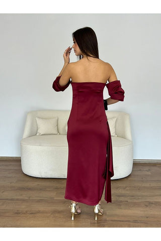 Gold Toka Detaylı Asimetrik Saten Elbise