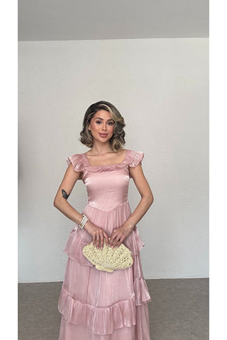 Fırfırlı Organze Elbise-Pembe-EU3193
