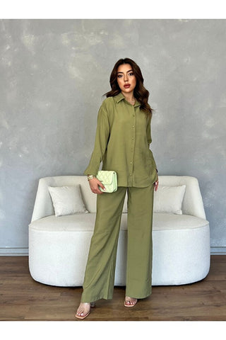 Pile Detaylı Bol Paça Pantolon