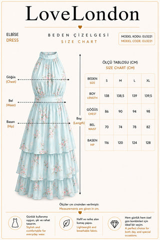 Volanlı Çiçek Desenli Elbise - Mavi - EU3221