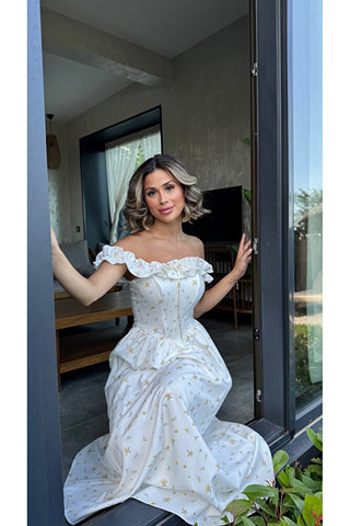 Romance Korsaj Elbise - Sarı Çiçek Desenli - EU3213
