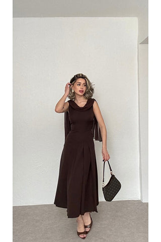 Şifon Şallı Midi Elbise-Kahverengi-EU3195