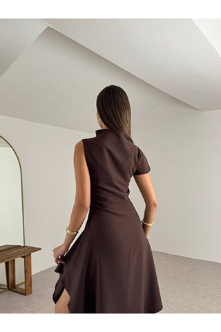 Asimetrik Yaka Midi Elbise-Kahverengi-EU3169