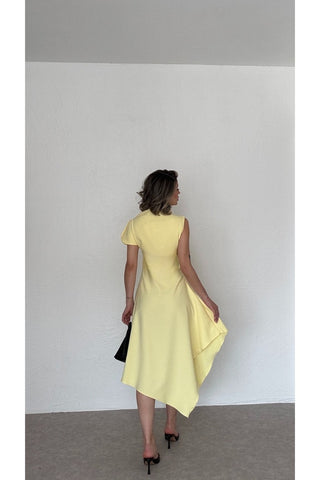 Asimetrik Yaka Midi Elbise-Sarı-EU3169