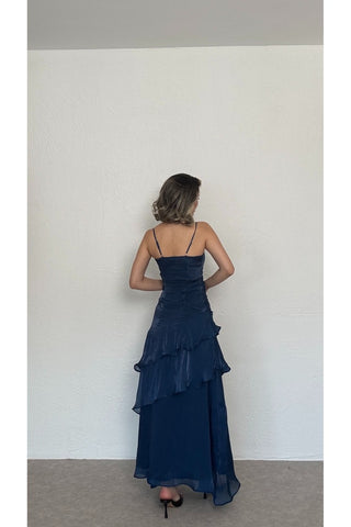 Volanlı Askılı Elbise-Lacivert-EU3196