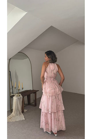 Volanlı Çiçek Desenli Elbise - Pembe - EU3221