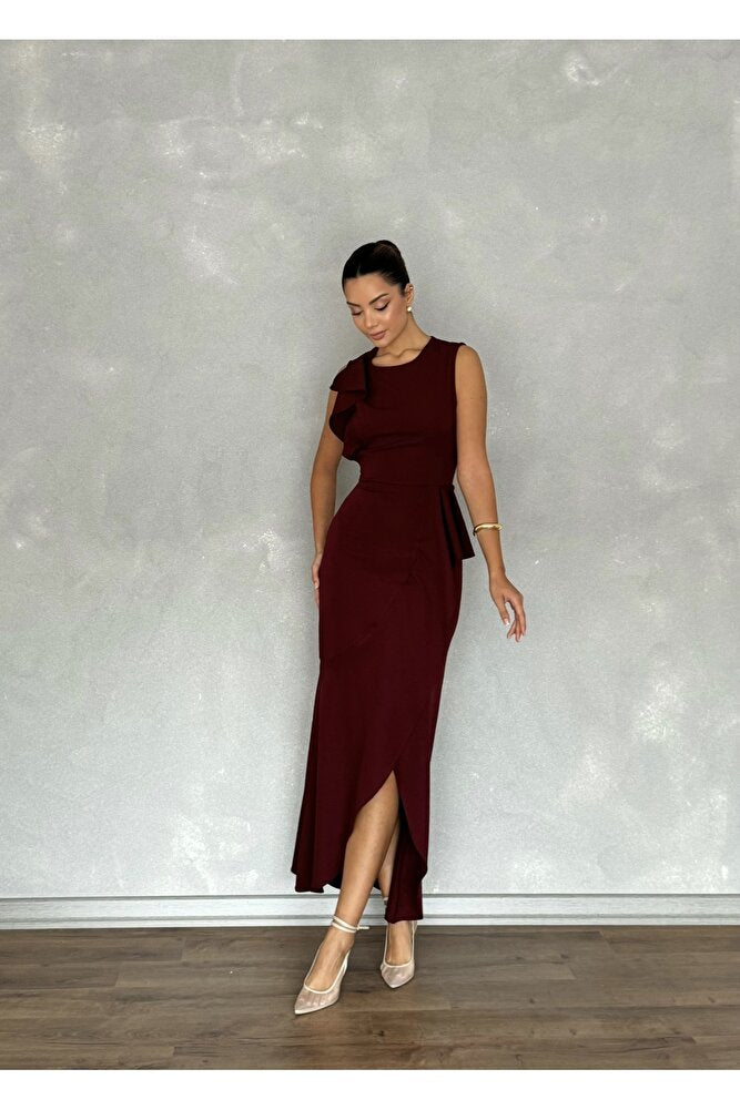 Asimetrik Kesim Eteği Ve Tek Kolu Volanlı Şık Özel Gün Kadın Davet Elbisesi