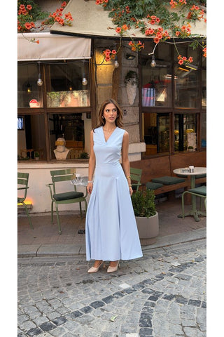 V Yaka Kolsuz Belden Oturan Atlas Maxi Kadın Günlük Özel Gün Elbise