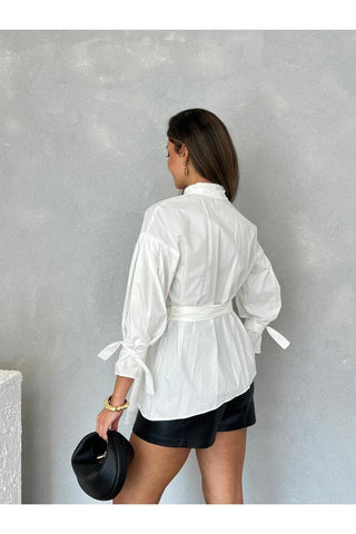 Kuşaklı Kolu Bağlamalı Şık Özel Gün Günlük Kadın Gömlek