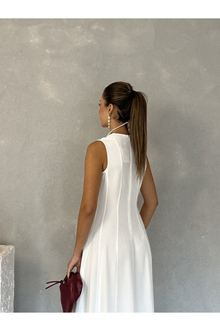 Biyeli Uzun Belden Aşağı Çan İnen Kolsuz Şık Günlük Kadın Elbise