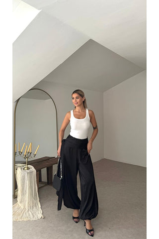 Kuşaklı Saten Şalvar Pantolon - Siyah - EU6037