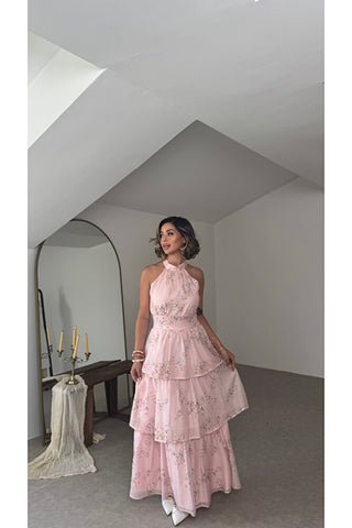 Volanlı Çiçek Desenli Elbise - Pembe - EU3221