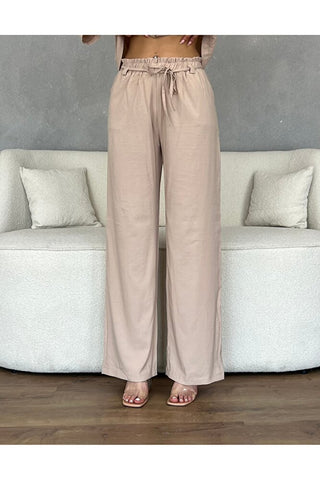 Gömleği Cep Detaylı Beli Lastikli Pantolonlu Kadın Takım