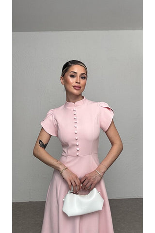 Düğmeli Midi Elbise-Pembe-EU3201
