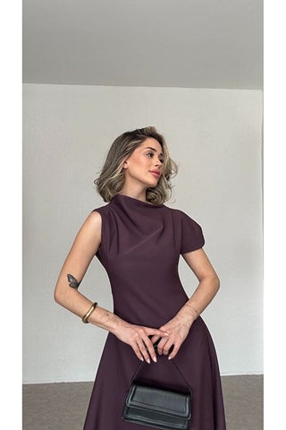 Asimetrik Yaka Midi Elbise-Mor-EU3169