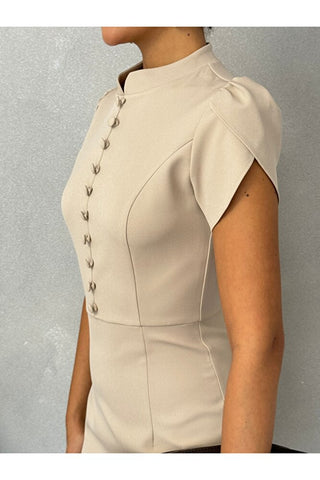 Belden Oturmalı Düğme Detaylı Puff Omuz Mini Özel Gün Günlük Kadın Amelia Elbise