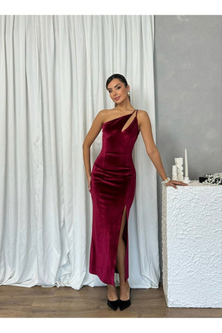 Tek Omuz Yırtmaçlı Kadife Uzun Boy Özel Gün Kadın Scarlet Elbise