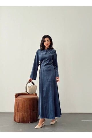 Kadife Yandan Bağlamalı Yarım Pat Düğmeli Özel Gün Günlük Uzun Boy Kadın Elbise