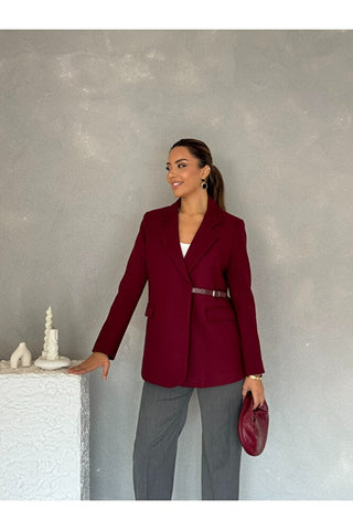 Yandan Kemer Detaylı Astarlı Kısa Kaşe Leya Ceket