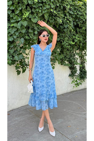 Desenli Eteği Fırfırlı Midi Boy Kadın Elbise