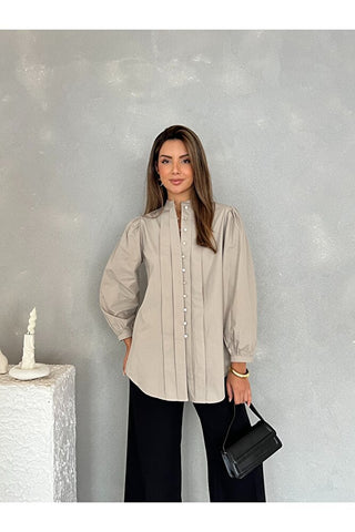 Önü Pileli Balon Kol Günlük Şık Gece Kadın Gömlek