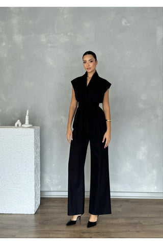 Rüzgarlık Detaylı Kuşaklı Kolsuz Kadın Şık Klasik Günlük Nişan Düğün Pantolon Yelek Takım
