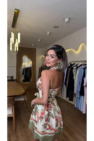 Olivia Straplez Çiçek Desenli Mini Elbise - Haki - EU3222