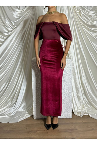 Göğüs Kısmı Saten Eteği Kadife Vücudu Saran Uzun Boy Özel Gün Kadın Nocturna Elbise