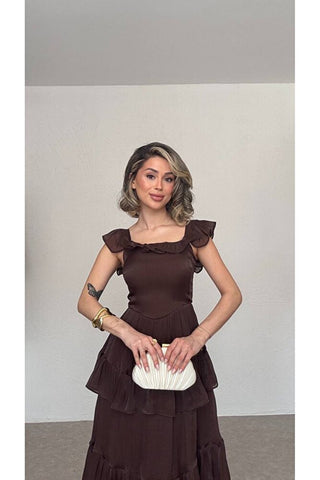 Fırfırlı Organze Elbise-Kahverengi-EU3193