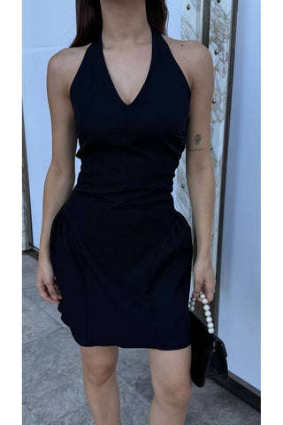 Sırt Dekolteli Boyundan Düğme Kapamalı Mini Yazlık Elbise