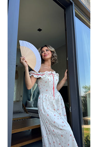 Romance Korsaj Elbise - Kırmızı Çiçek Desenli - EU3213