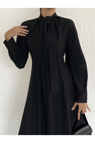 Beli Lastikli Uzun Elbise-Siyah-EU3147
