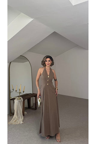 Sole Halter Yaka Maxi Elbise - Vizon - EU3211