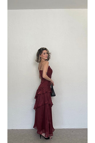 Volanlı Askılı Elbise-Bordo-EU3196
