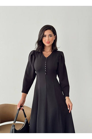 V Yaka Önü Düğme Detaylı Belden Oturan Uzun Boy Günlük Özel Gün Kadın Elbise