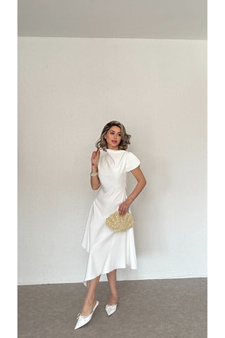 Asimetrik Yaka Midi Elbise-Beyaz-EU3169