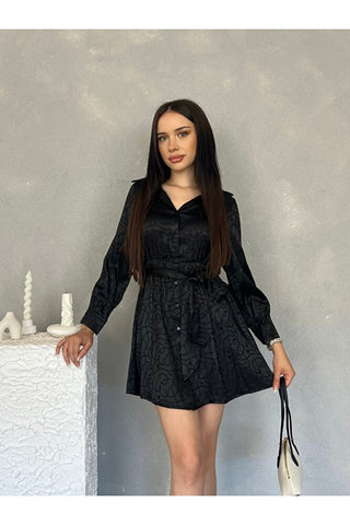 Kuşaklı Jakarlı Kadın Mini Elbise