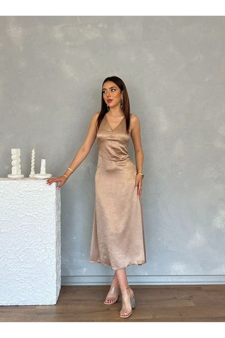 Kıraçlı Saten Midi Özel Gün Mezuniyet Nişan Abiye Kadın Elbise