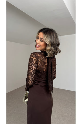 Grace Dantel Detaylı Midi Elbise - Kahverengi - EU3219