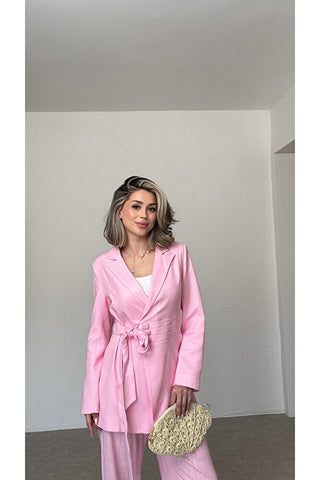 BEL DETAYLI CEKET- PANTOLON-Pembe