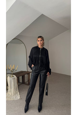 Saten Bomber Ceket - Siyah - EU8095