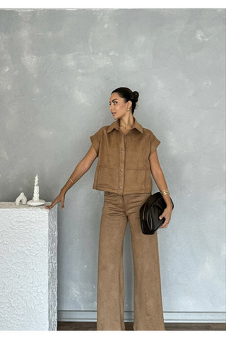 Kadın Yelekli Pantolonlu Süet Takım