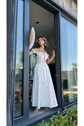 Romance Korsaj Elbise - Kırmızı Çiçek Desenli - EU3213