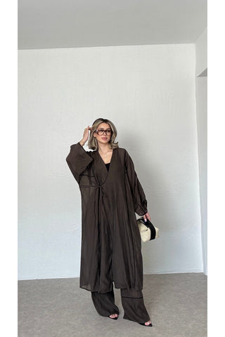 Biyeli Tensel Kimono Pantolon Takım-Kahverengi