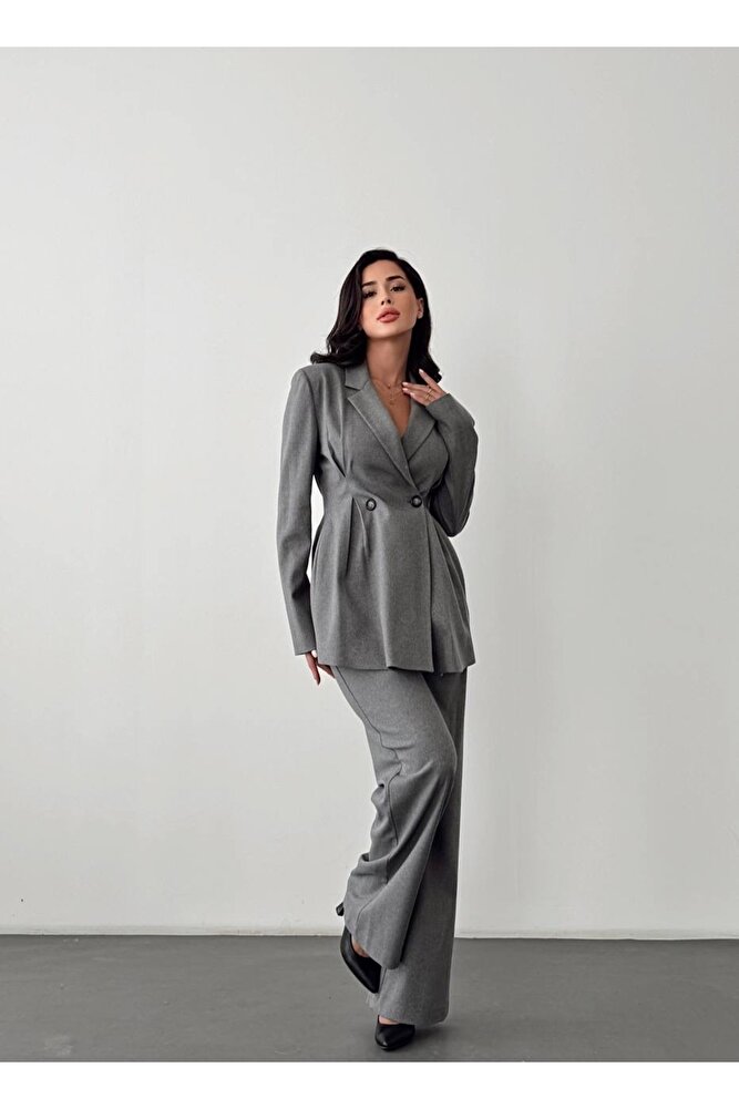 Belden Oturan Uzun Kol Uzun Boy Astarlı Ceket Pantolon Günlük Klasik Şık Kadın Takım