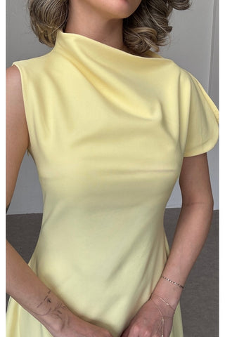 Asimetrik Yaka Midi Elbise-Sarı-EU3169