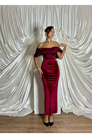 Göğüs Kısmı Saten Eteği Kadife Vücudu Saran Uzun Boy Özel Gün Kadın Nocturna Elbise