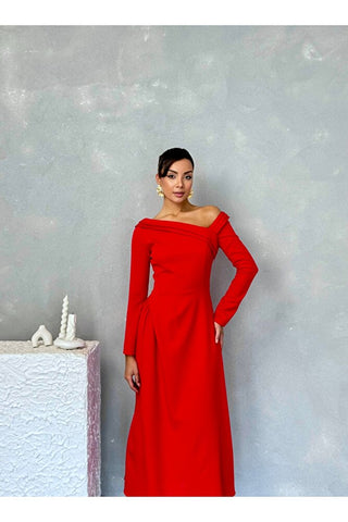 Kayık Yaka Omuz Detaylı Uzun Özel Gün Günlük Leonora Kadın Elbise