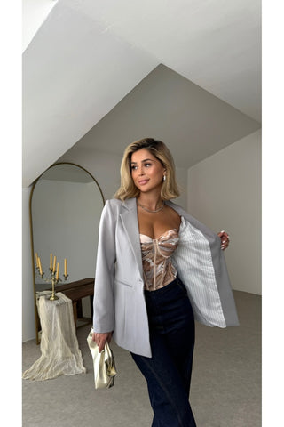Fletolu Astarlı Slim Blazer Ceket - Gri - EU8063
